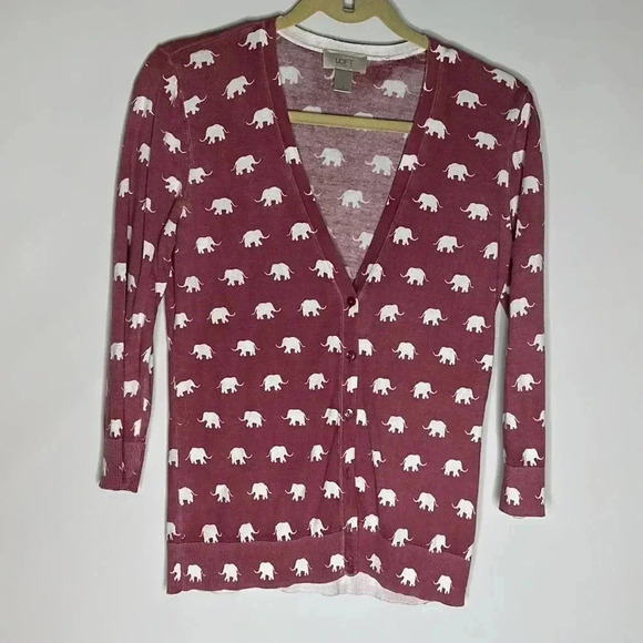 LOFT Outlet Sweater Womens Long Sleeve Button up Elephant Cardigan Red - Picture 3 of 8